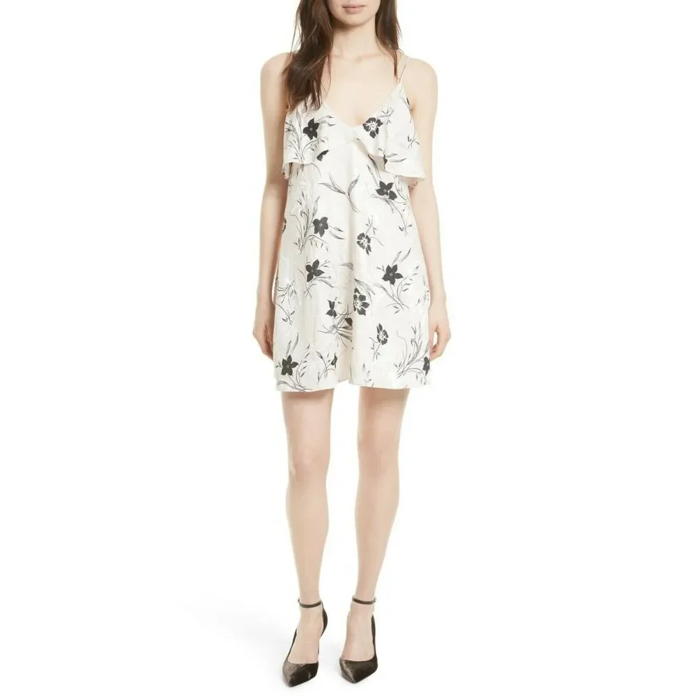 ALICE + OLIVIA Bess floral print ruffle slinky slip dress cream black Size M NEW